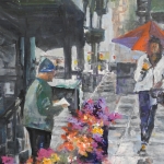 David Gates, Flower Vendor in the Rain, Oil