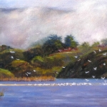 Tom Lemmer, Carmel River Seagulls, Oil on canvas, 10 x 20, 2014
