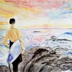 Leslie Ouyang, Surfer by the Ocean, Watercolor